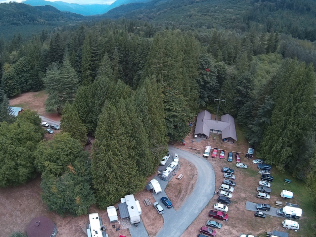 A drone shot looking down on an event at Valley Camp